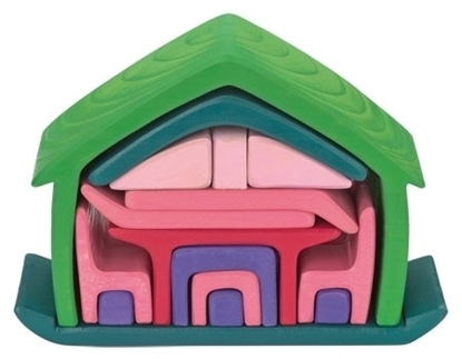 17 onderdelen die een huisje vormen, afzonderlijk te gebruiken als poppenmeubeltjes in een poppenhuis, getint in verschillende kleuren, groen, roos, rood en blauw.