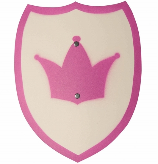 Klein houten prinsessen schild, wit met roze boord en in het midden een roze kroon op gedrukt.