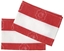 Twee afwashanddoeken in half katoen half linnen met brede witte en rode strepen liggen gedeeltelijk op mekaar.