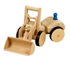 Wooden toy wheel loader with handle, rubber tires and blue figure.