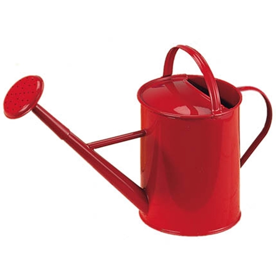 Rode metalen gieter van 1 liter inhoud voor kinderen.