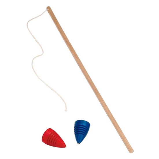 Rode en blauwe tol met zweep, een stok met koord die rond de tol gewonden wordt.