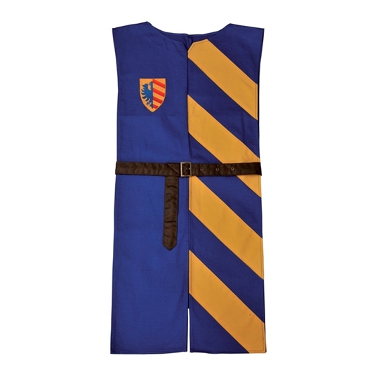 Tabard de chevalier en pur coton avec ceinture en simili-cuir. Le côté droit est bleu-roi uni avec un écusson sur la poitrine, le côté gauche est rayé jaune et bleu.