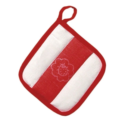 Kleine speelgoed pannenlap wit met een brede rode streep in het midden en ombiest met een rode bies.