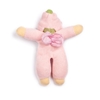 Doudou pour enfant, rembourré de pure laine vierge bio, avec tenue rose et  bonnet-fleur rose et vert en coton bio et sur le dos deux petites ailes de soie rose.