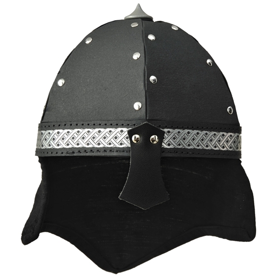 Black viking helmet with leather nose guard