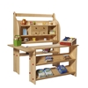 Magasin, en bois de tilleul huilé, composé d'une étagère de jeu, d'un rayon à 4 tiroirs, d'un comptoir et d'une étagère les connectant pour la stabilité, garni de produits et d'une caisse en bois.