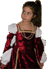 Upper part of a dark red princess gown with white cotton under sleeves and golden band. The girl wears a ponytail and is looking up.