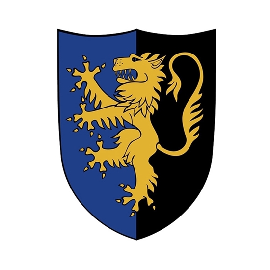 Klein speelgoed schild met opdruk van een gele heraldische leeuw. De rechter helft heeft een zwarte achtergrond, de linker een blauwe.