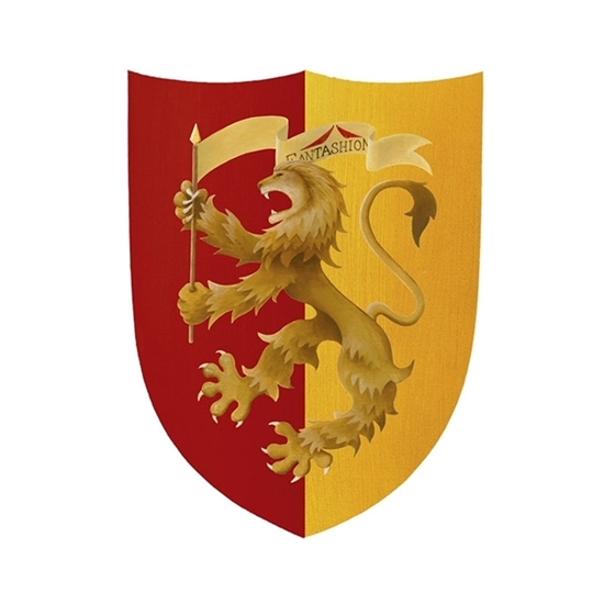 Klein ridderschild met opdruk van een beige heraldische leeuw. De rechter helft van het schild heeft een gele achtergrond, de linker een rode.