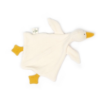 Lappendier in de vorm van een gans in witte badstof met gele bek en poten