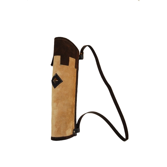 Suede leather quiver for kids, light brown with dark brown decorations and dark brown leather belt  to hang on the back.