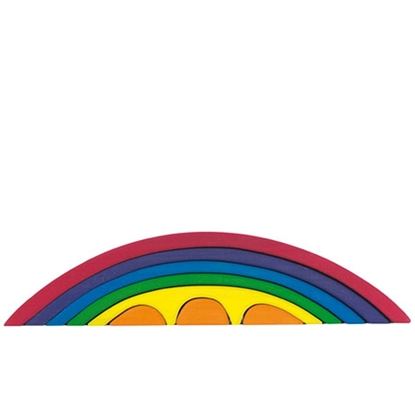 8 houten blokken gemaakt van massief lindehout in de vorm en de kleuren van een regenboog.