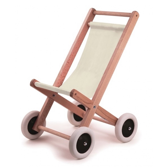 Poussette de poupée en bois de type buggy avec toile de coton écru et roues noires avec pneus blancs.