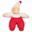 Poupée en tissu éponge rouge et blanc avec un long chapeau pointu blanc terminé par un  pompon rouge