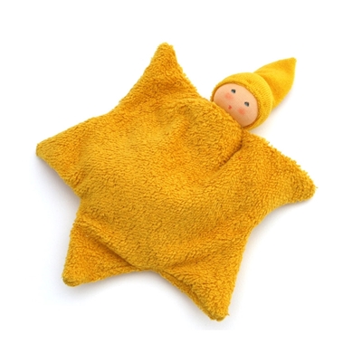 Coussin chauffant d’épeautre doudou poupée en forme d'étoile jaune.
