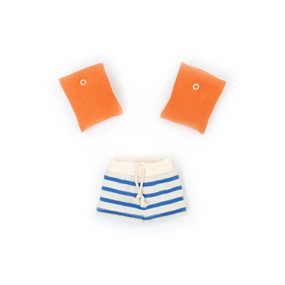 Nanchen swimsuit for boy doll in white and blue striped cotton with orange cotton imitation swimming armbands.