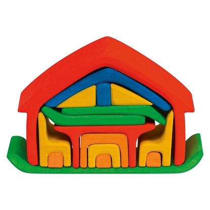 17 onderdelen die een huisje vormen, afzonderlijk te gebruiken als poppenmeubeltjes in een poppenhuis, getint in verschillende kleuren rood, oranje, geel, groen  en blauw.