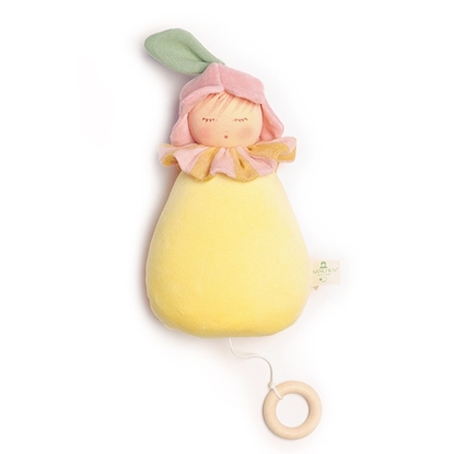 Nanchen muziekdoos met zachtgeel lijfje, handgeschilderd gezicht, met fluwelen rozenblaadjes als hoedje.