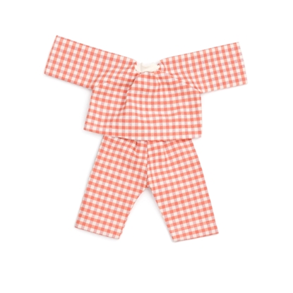 Poppenpyjama met abrikooskleurige ruitjes in bio katoen voor Nanchen poppen.