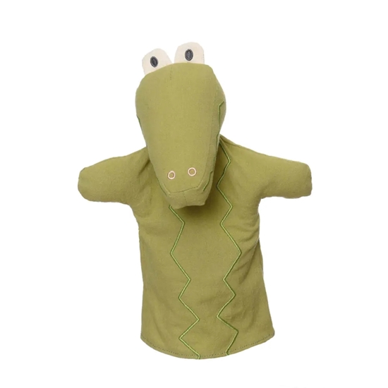 Een groene marionet Krokodil in katoen.