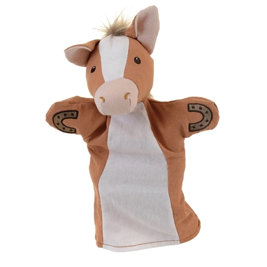 Bruine handpop paard in katoen, met manen in imitatiebont.