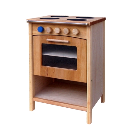 Speelgoedfornuisje in massief elzenhout met vier kookplaten, een oven met raam en een opbergruimte voor potten en pannen.