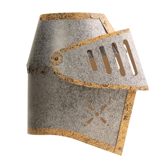 Zilveren ridder helm kind met pluim, gouden boord en vizier dat open en toe gaat.