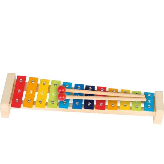 Lange xylofoon met twaalf toonplaatjes in veelkleurig metaal.